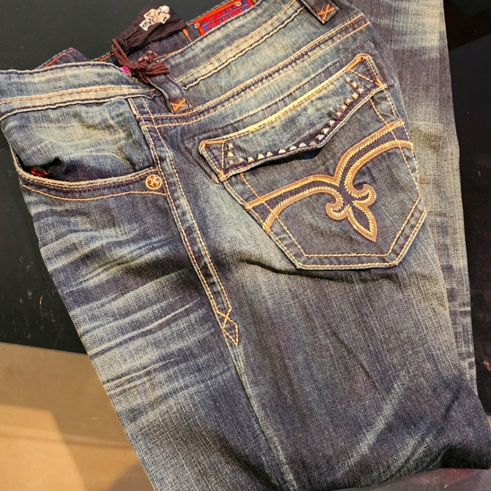 Rock Revival Straight Jeans - 38 x 32 - Dark Blue Distressed (1)